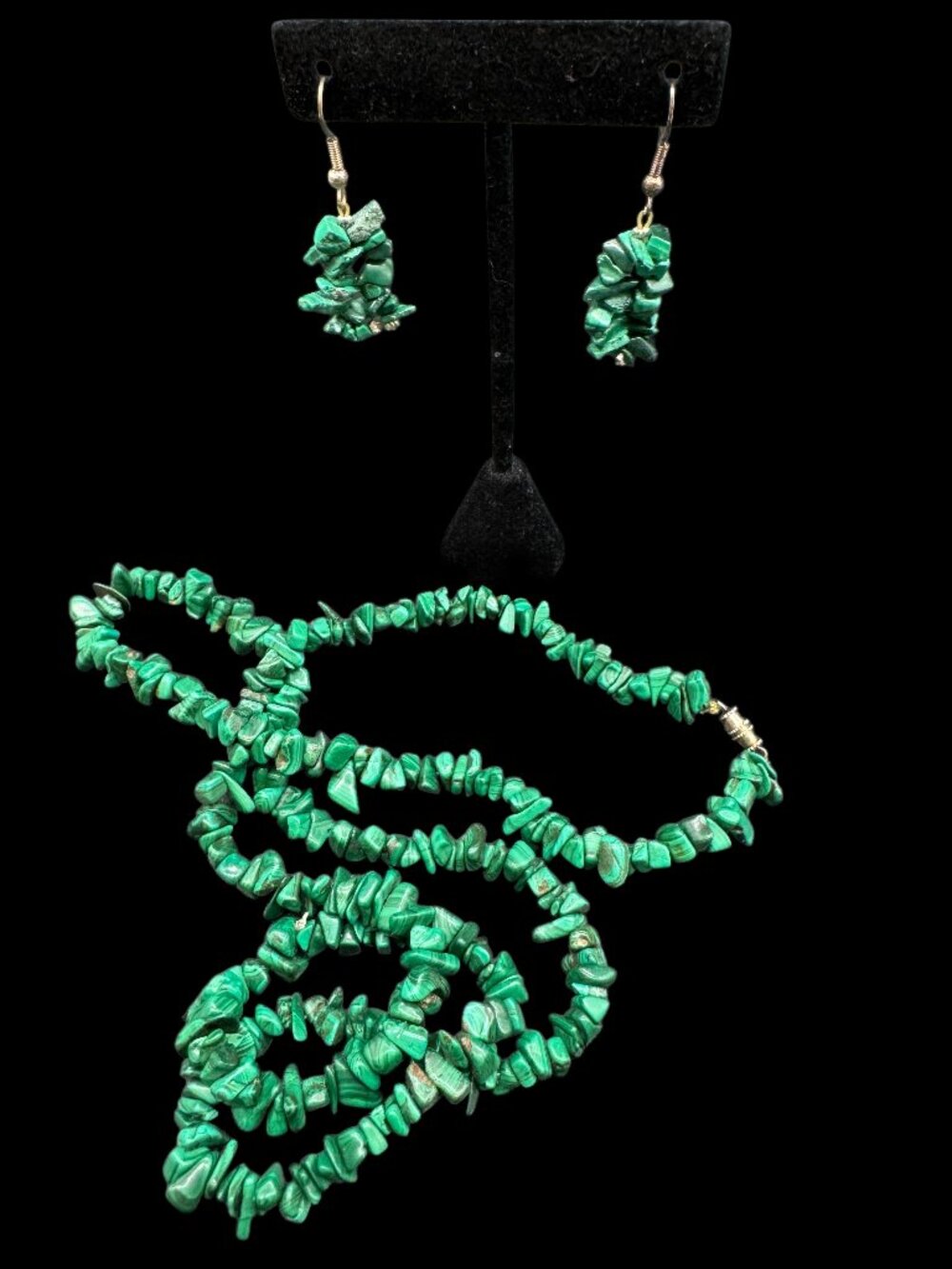 Genuine Malachite Chips Necklace and Pierced Earrings Set 30 inches